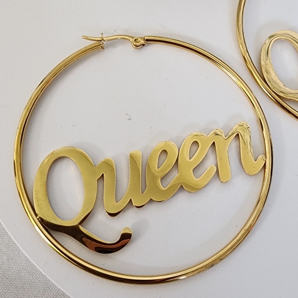 Gold Stainless Steel Queen Hoop Earrings - Picture 3 of 6